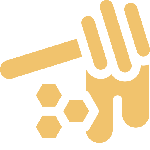 Graphic of a honey dipper dripping sweet local honey. The image also includes three honeycomb cells.